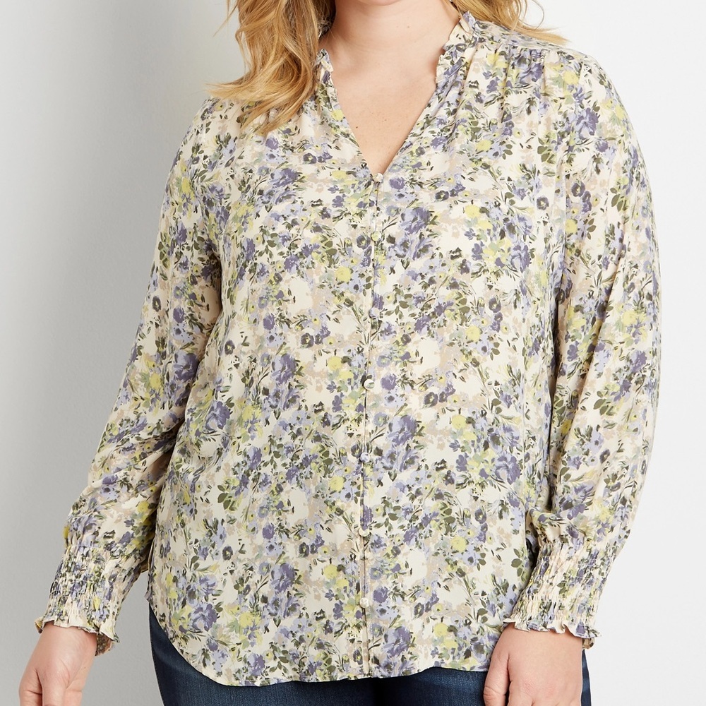 Maurices Women Plus 0X Yellow Floral Long Sleeve Button Down Ruffle Neck Blouse